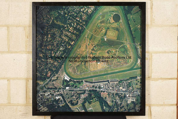 A colour aerial photograph of Ascot Racecourse, framed & glazed, 96cm., 37 3/4in. square