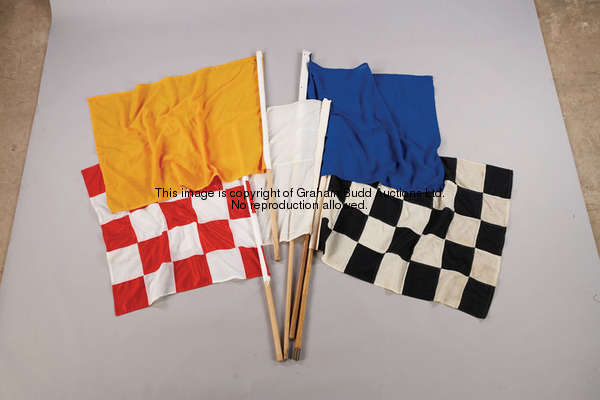 Five racecourse flags, blue, white, yellow, black & white check & red & white check  