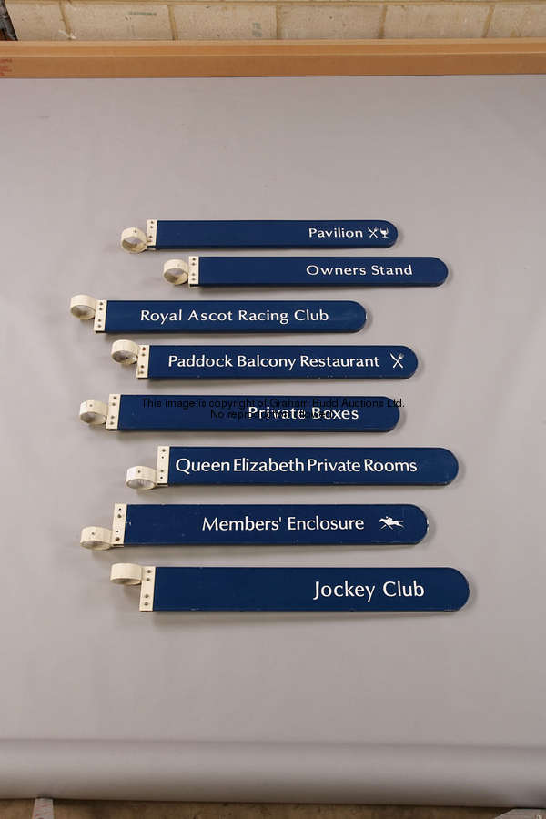 Royal Ascot Racing Club, metal finger-post sign, white lettering on blue, 12 by 93cm., 4 3/4 by 36 1...