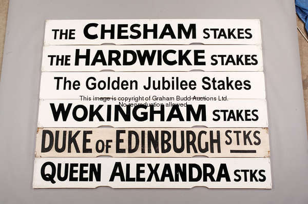 The Chesham Stakes, a white painted Spagnoletti Royal Ascot race board with black lettering, 25.5 by...