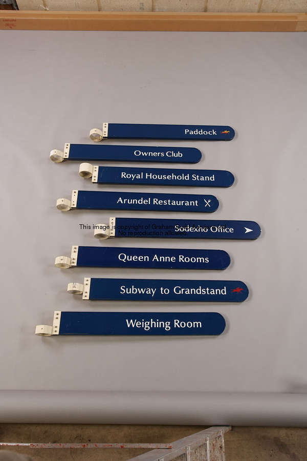 Queen Anne Rooms, metal finger-post sign, white lettering on blue, 12 by 93cm., 4 3/4 by 36 1/2in.