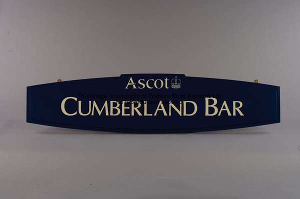 Cumberland Bar, a blue painted wooden bar sign, bearing Ascot logo, white lettering, 35 by 150cm., 1...
