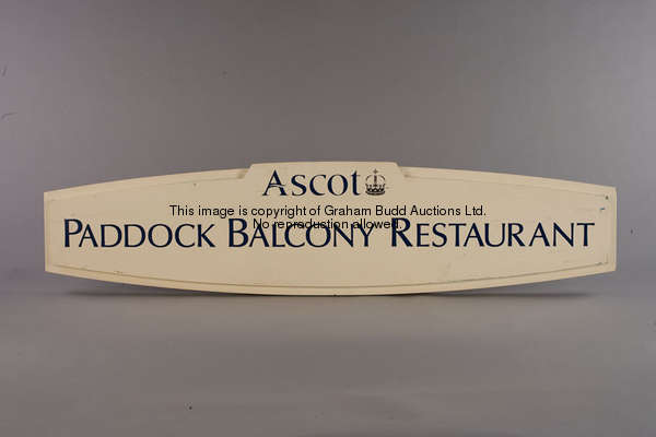 Paddock Balcony Restaurant, a cream painted wooden bar sign, bearing Ascot logo, blue lettering, 35 ...