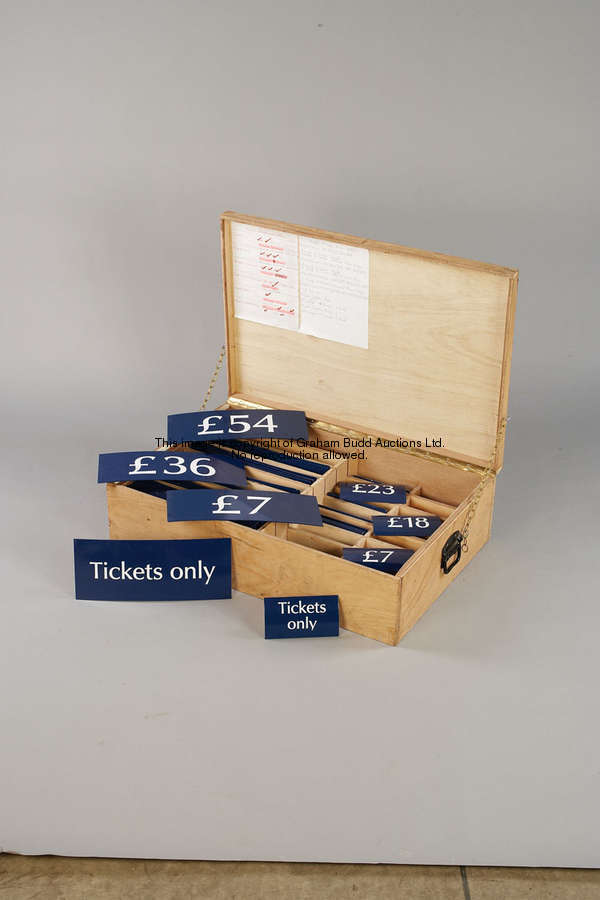 A boxed set of admission price signs, the fitted interior containing numerous blue painted metal sig...