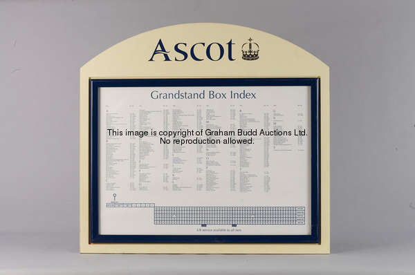 The Index to Grandstand Box Holders board, arched, cream acrylic board, bearing Ascot logo, the cent...