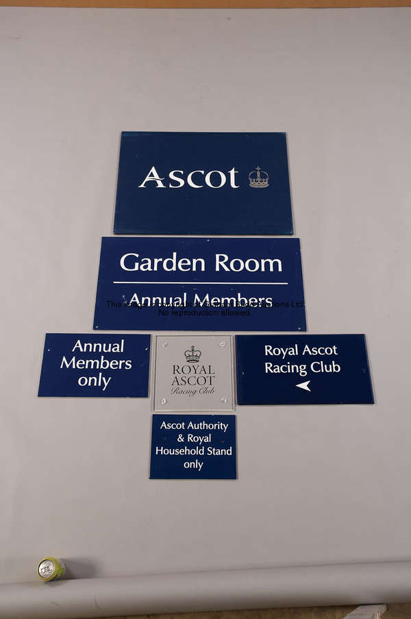 Royal Ascot Racing Club, blue painted wooden directional wall sign with white lettering, 28 by 51cm....