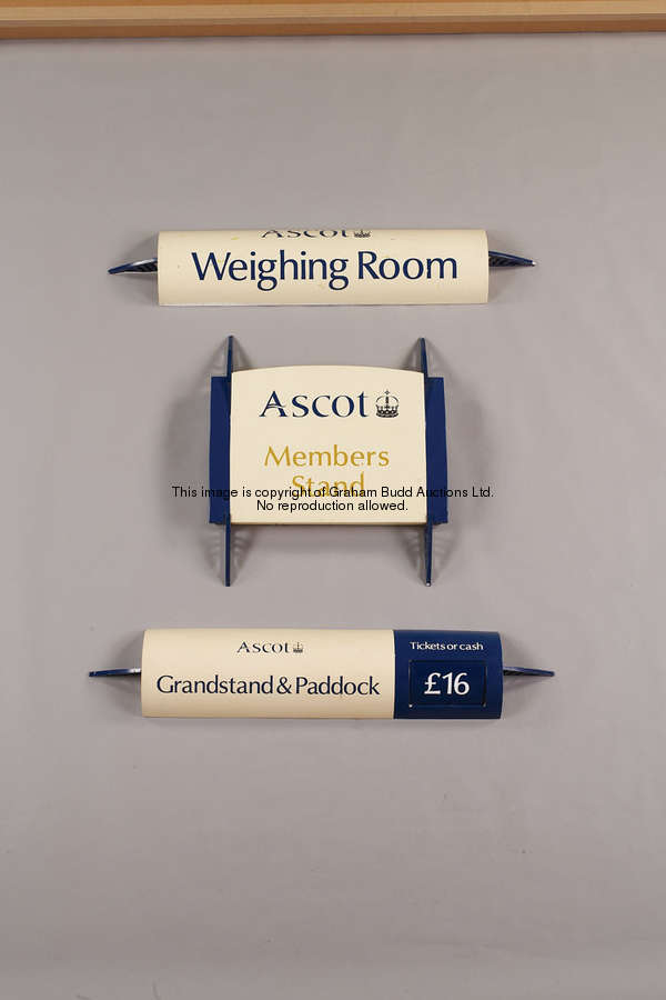 Weighing Room, semi-circular fibre glass admission sign, bearing the Ascot logo, blue lettering on a...