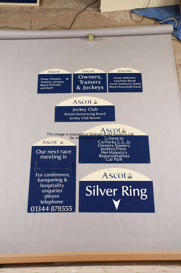 Owners, Trainers & Jockeys, arched, metal sign bearing Ascot logo, white lettering on a blue & cream...