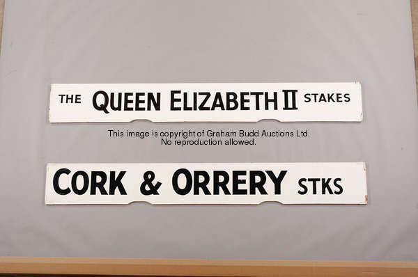 The Queen Elizabeth II Stakes, a white painted Spagnoletti Ascot race board with black lettering, 25...