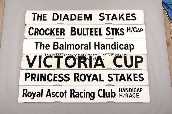 The Diadem Stakes, a white painted Spagnoletti Ascot race board with black lettering, 25.5 by 100cm....