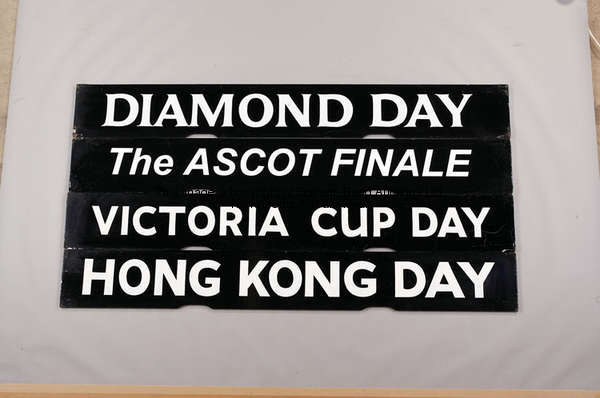Victoria Cup Day, black painted wooden Spagnoletti raceday board with white lettering, 25.5 by 100cm...