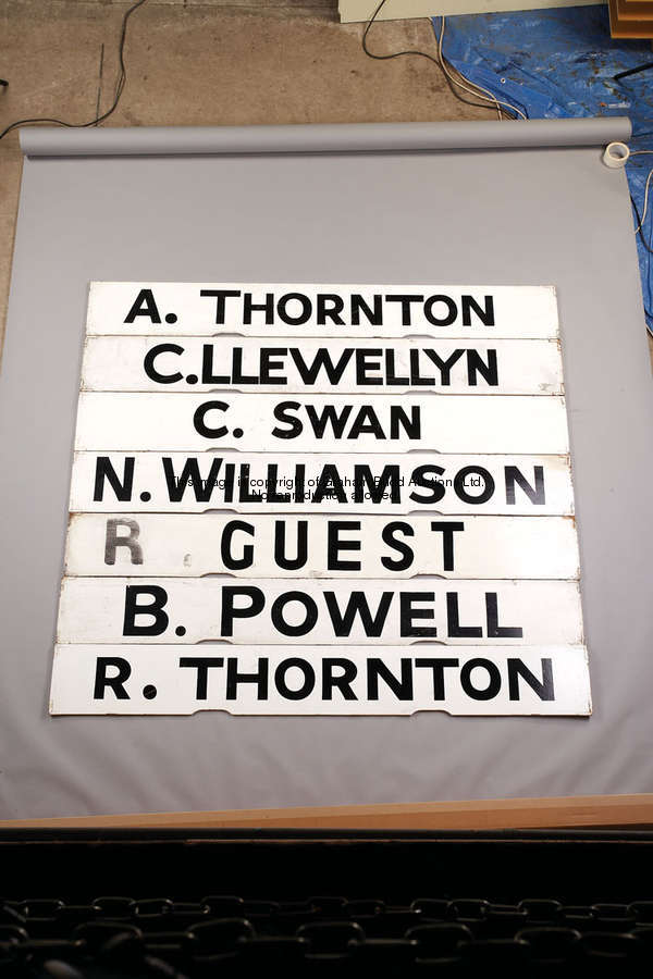 B. Powell, white painted wooden Spagnoletti jockey board with black lettering, 25.5 by 100cm., 10 by...