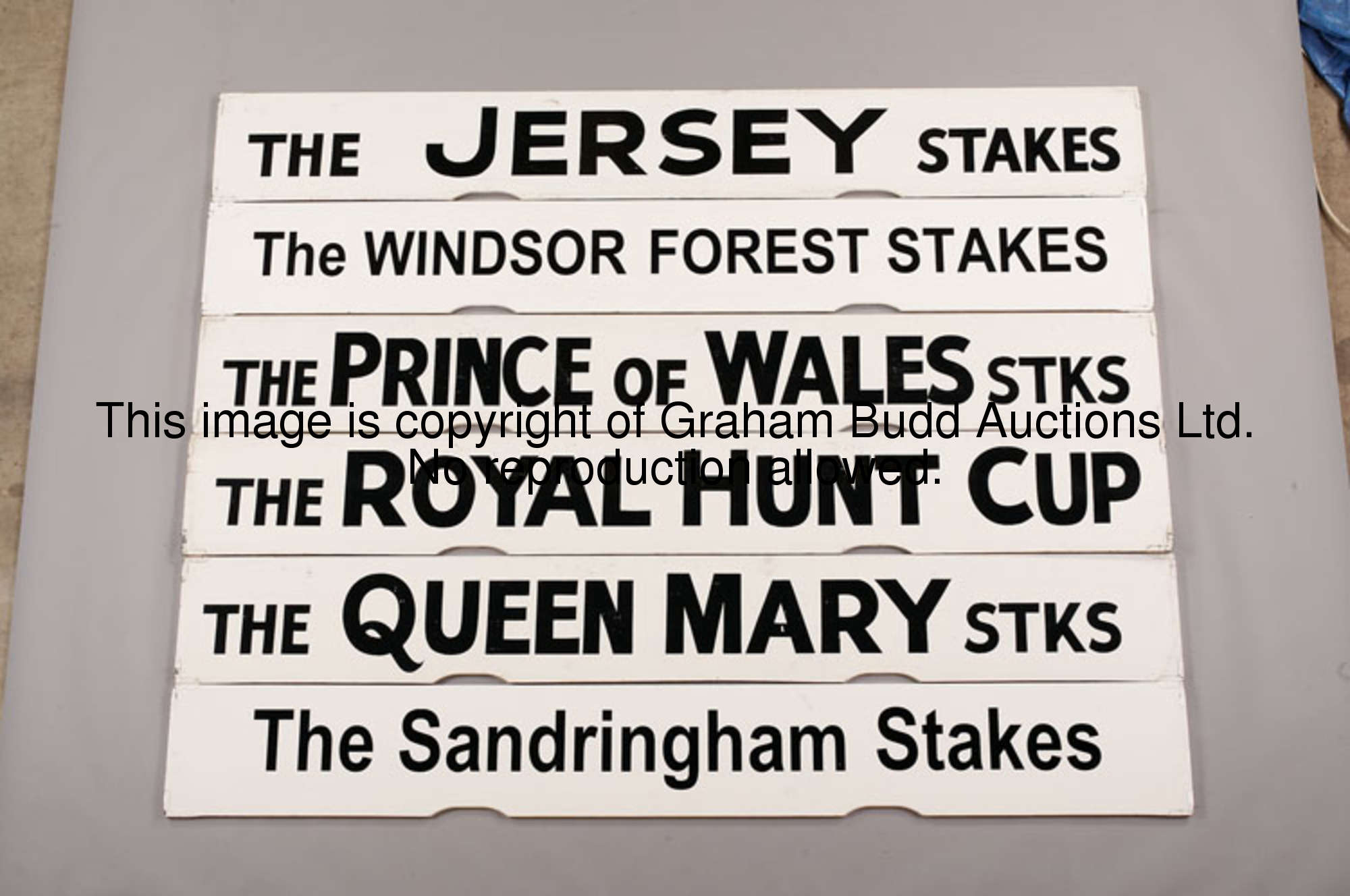 The Royal Hunt Cup, a white painted Spagnoletti Royal Ascot race board with black lettering, 25.5 by...