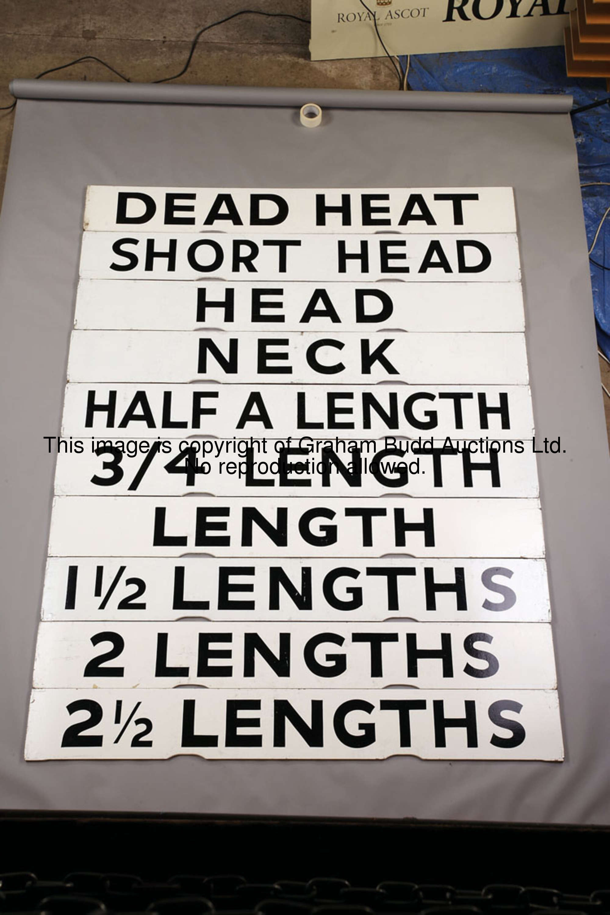 Dead Heat, white painted wooden Spagnoletti winning distance board with black lettering, 25.5 by 100...