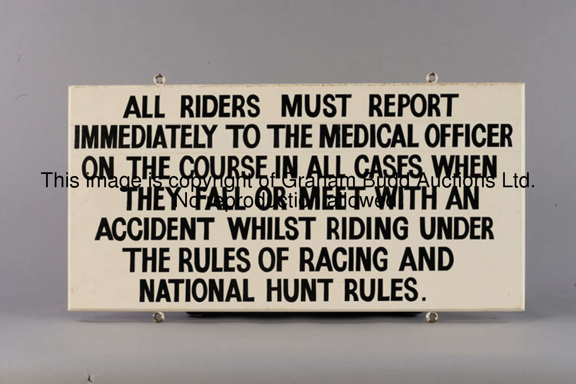 A Weighing Room order board, white painted wall-mounting wooden board with black lettering reading: ...