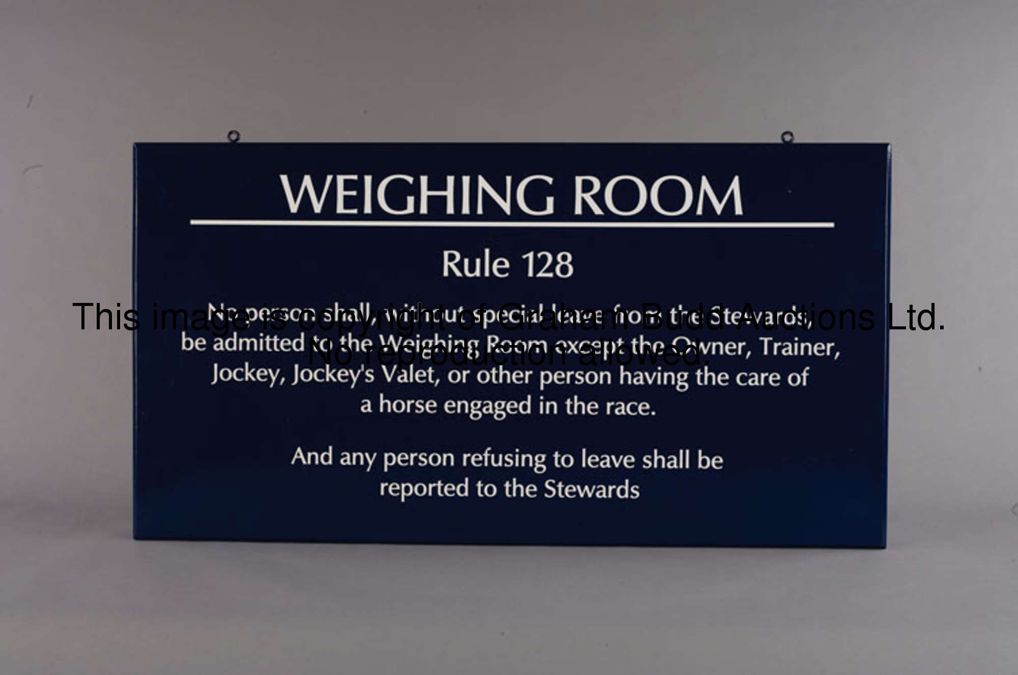 A Weighing Room order board, blue painted wall-mounting wooden board with white lettering reading: W...