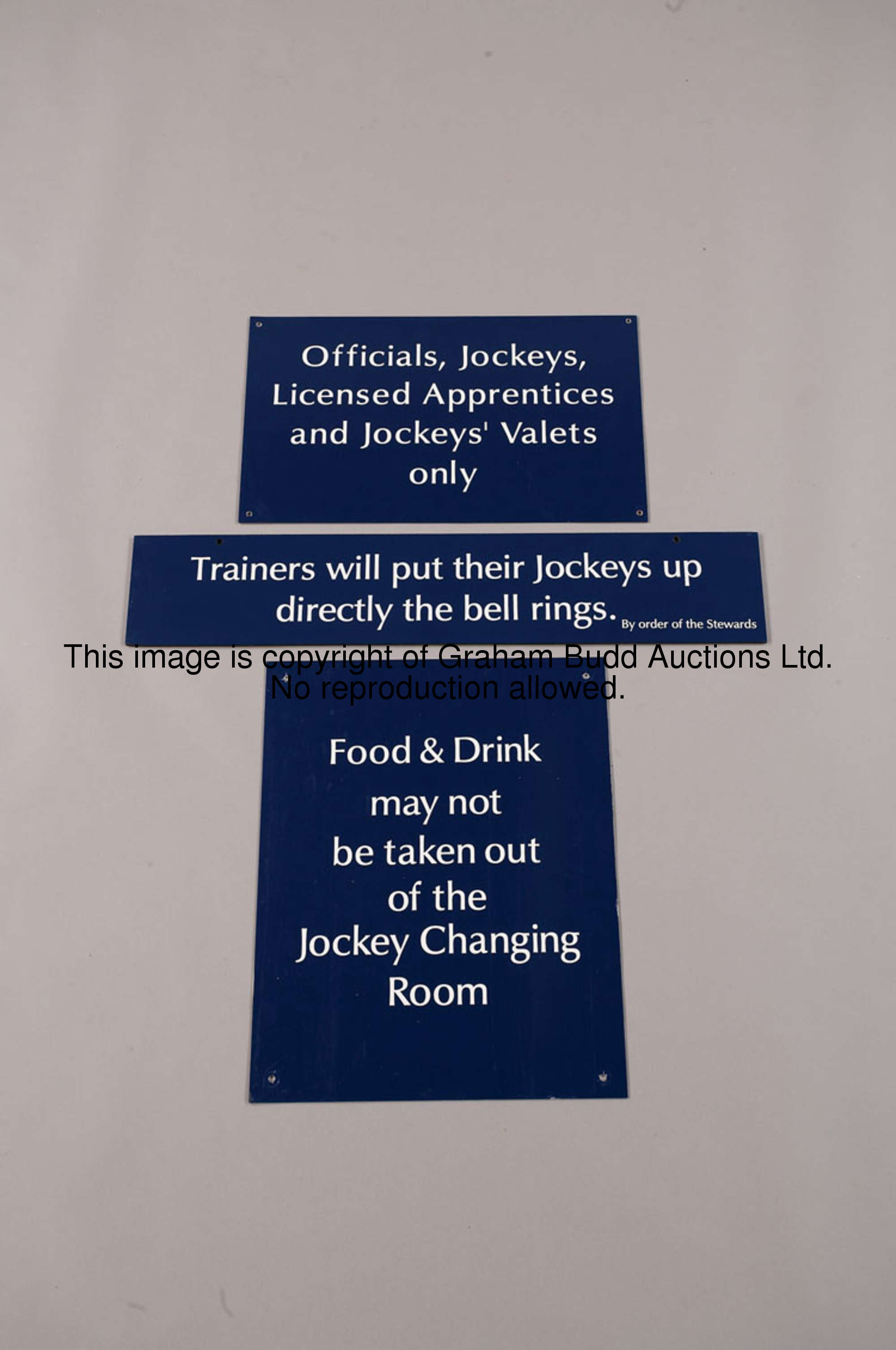 A Weighing Room order board, blue painted wall-mounting wooden board with white lettering reading: O...