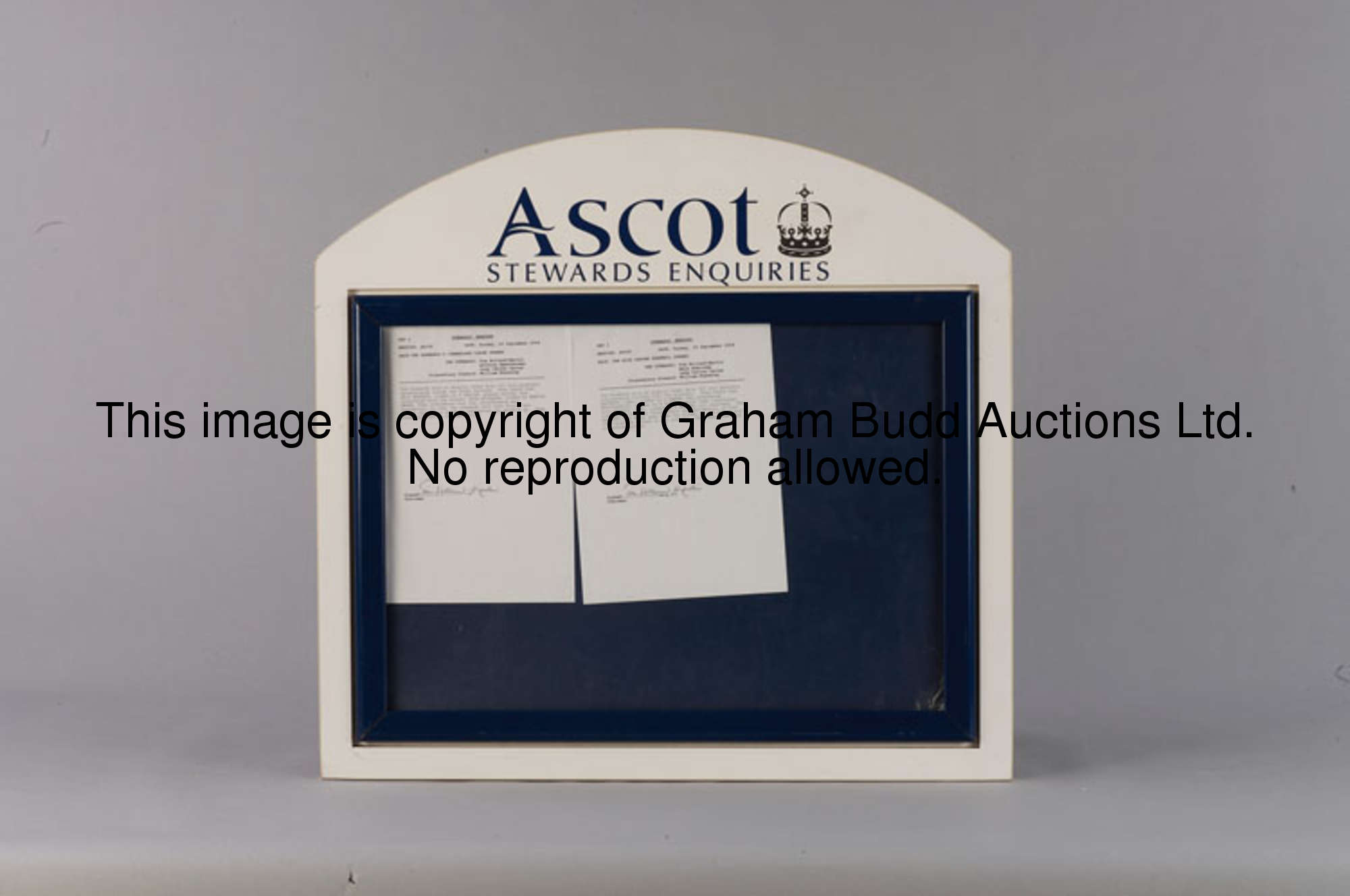 The official racecourse Stewards' Enquiries public display board, the arched, white painted board wi...