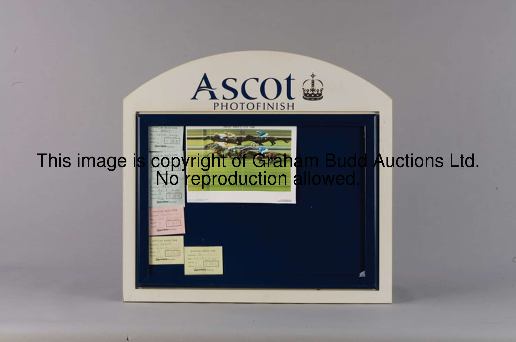 The official racecourse photo finish public display board, the framed board pasted with a colour sca...