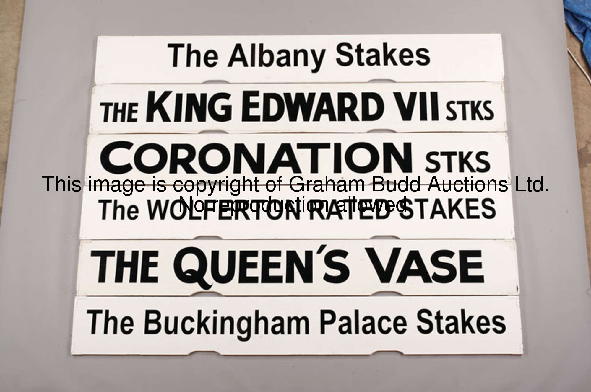The Albany Stakes, a white painted Spagnoletti Royal Ascot race board with black lettering, 25.5 by ...