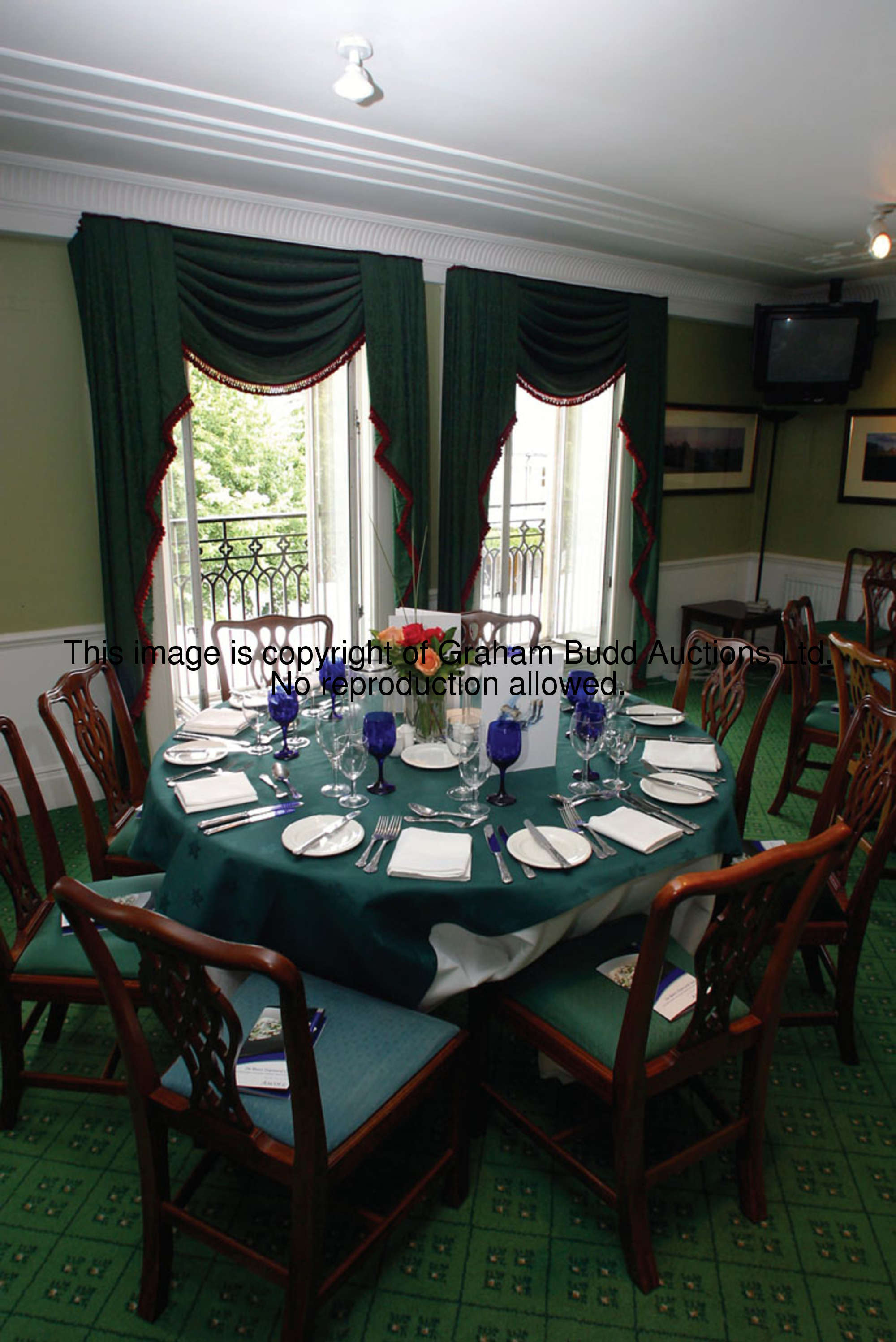A set of six dining chairs from the Queen Anne Dining Rooms, Georgian-style with fretwork backs, var...
