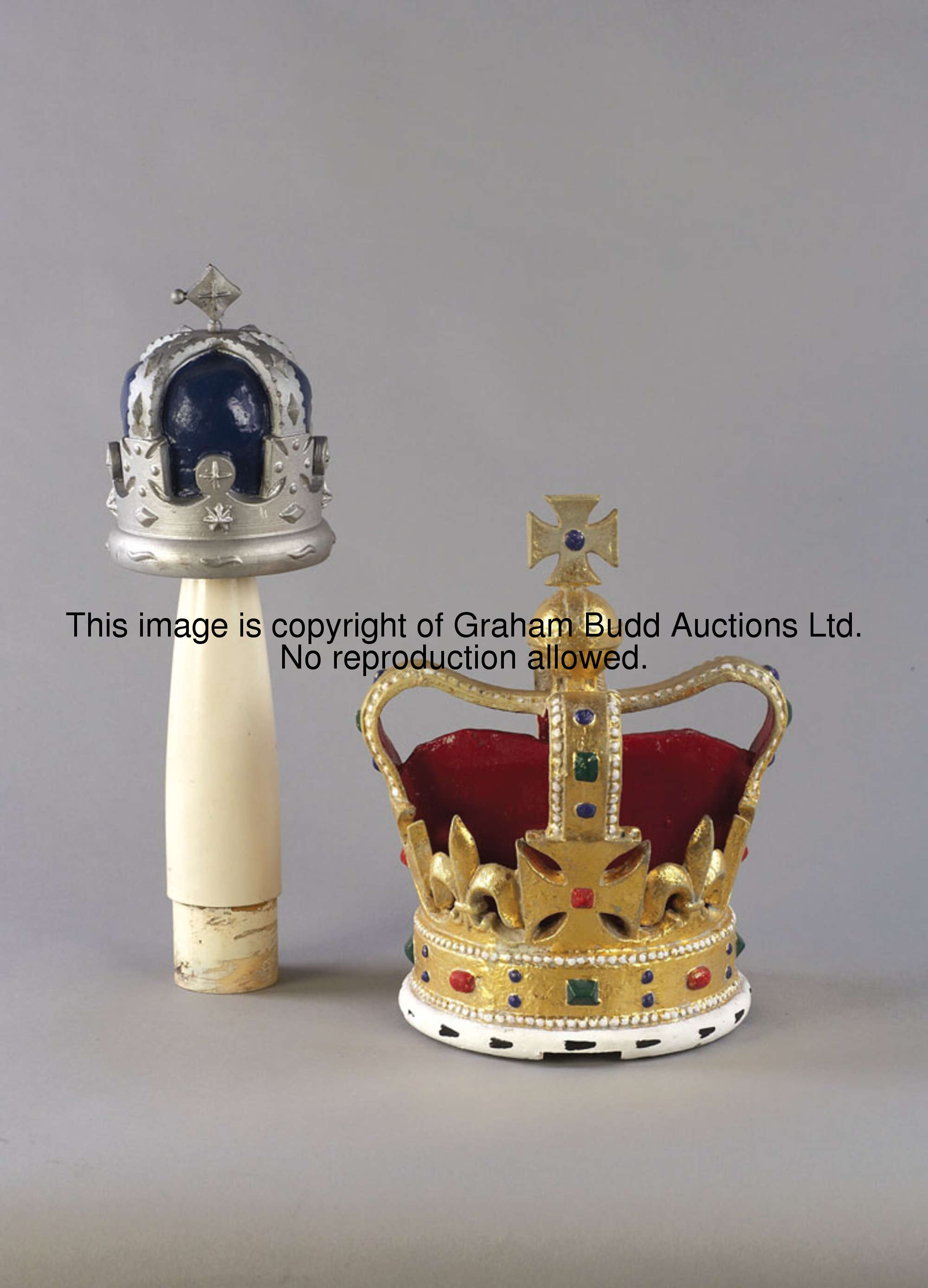 A Royal Ascot fingerpost sign finial, blue & silver painted composition model of a crown, with post ...