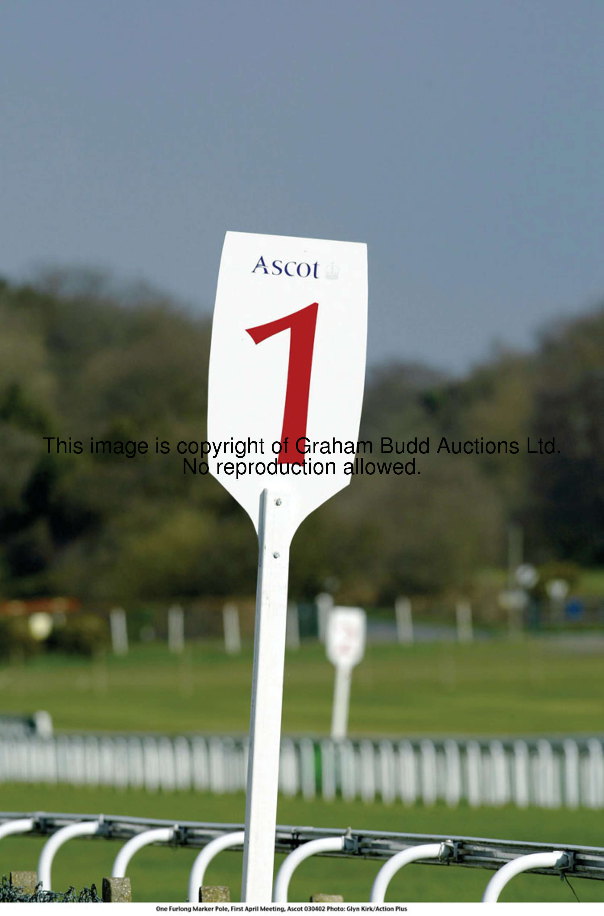 A racetrack 1 Furlong Pole, white fibreboard with red lettering, bearing Ascot logo, width of board ...