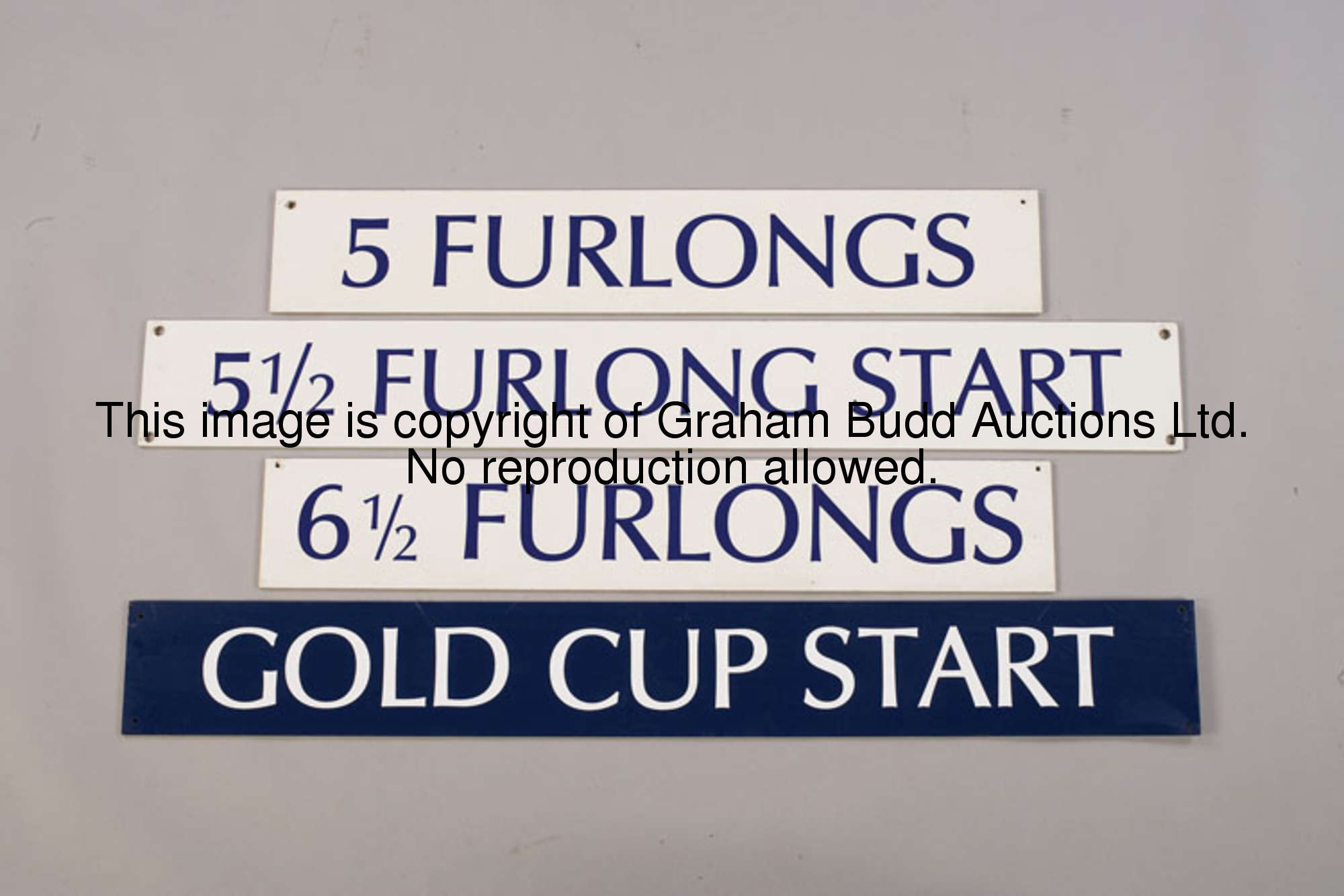 Gold Cup Start racetrack start sign, blue fibreboard with white lettering, 15 by 122cm., 6 by 48in.