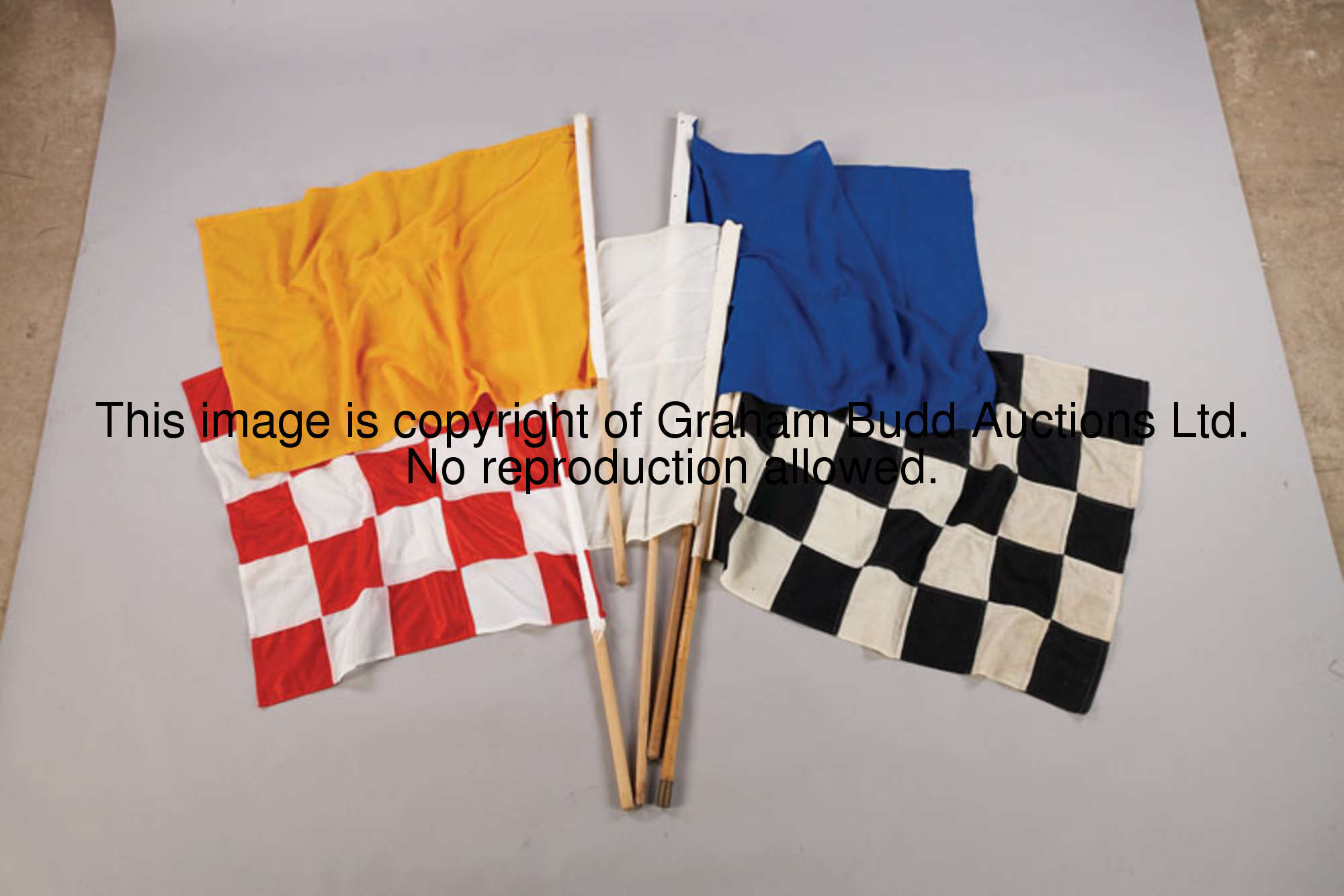 Five racecourse flags, blue, white, yellow, black & white check & red & white check  