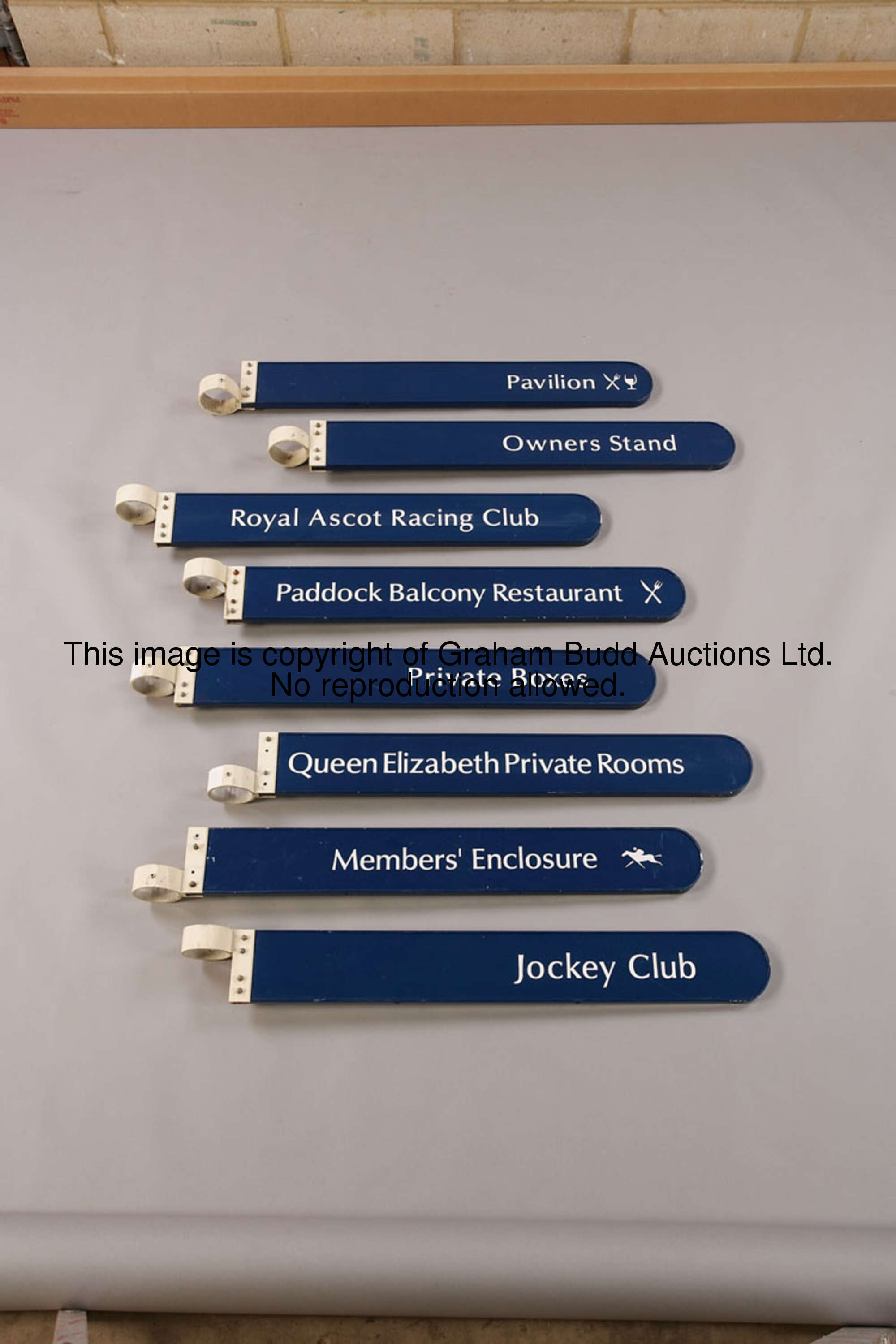 Royal Ascot Racing Club, metal finger-post sign, white lettering on blue, 12 by 93cm., 4 3/4 by 36 1...