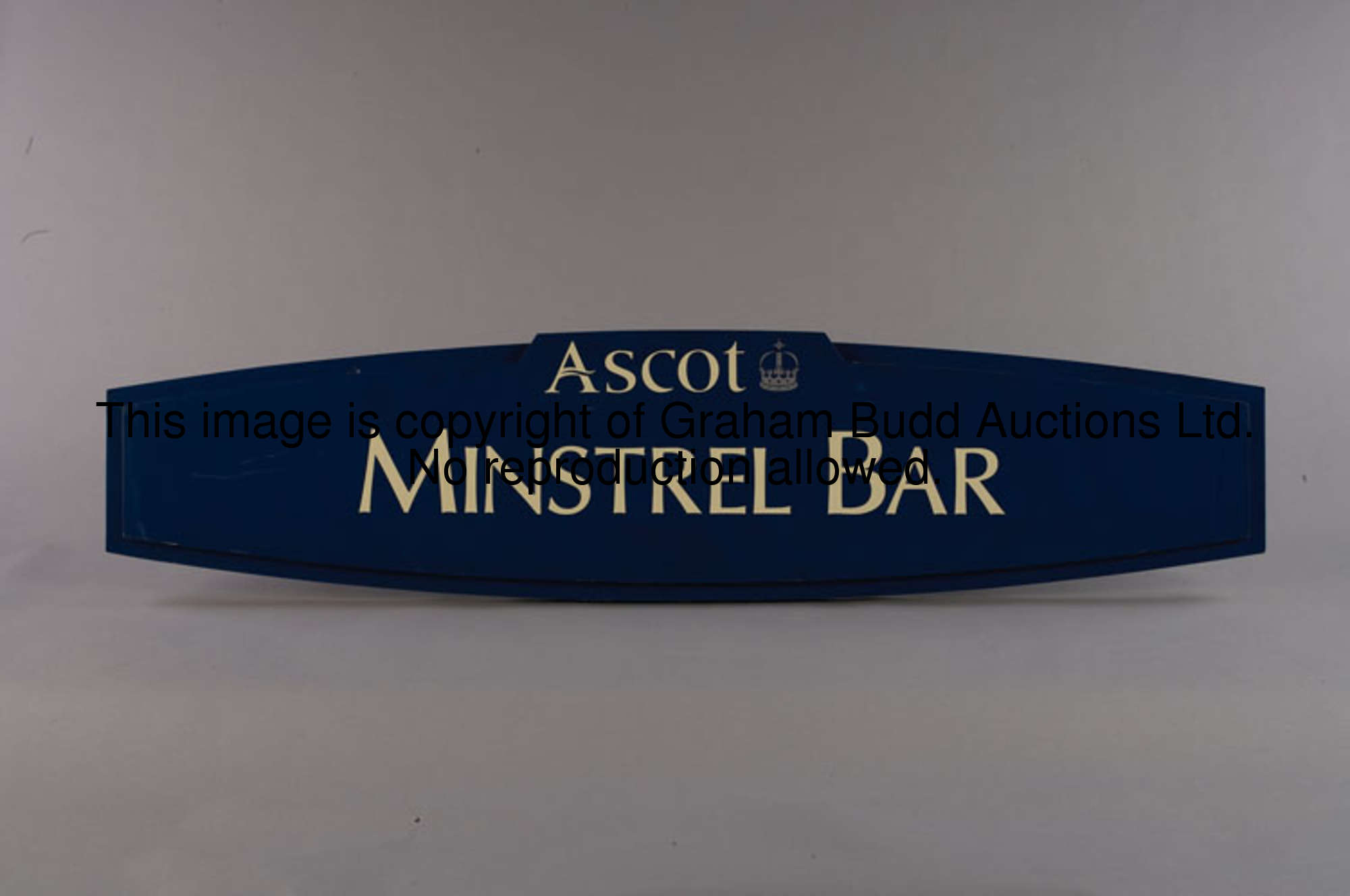 Minstrel Bar, a blue painted wooden bar sign, bearing Ascot logo, white lettering, 35 by 150cm., 13 ...