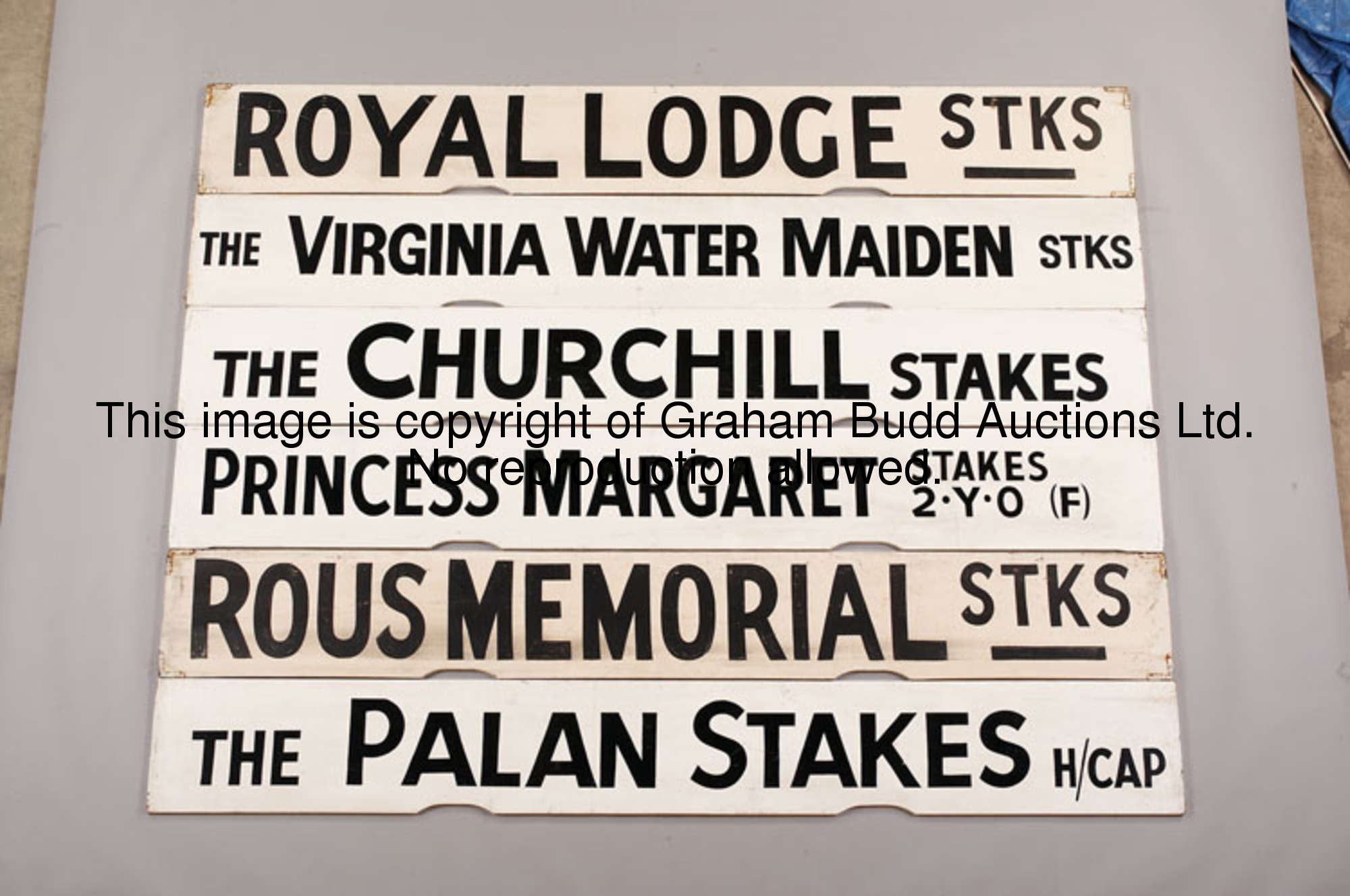 Royal Lodge Stks, a white painted Spagnoletti Ascot race board with black lettering, 25.5 by 100cm.,...