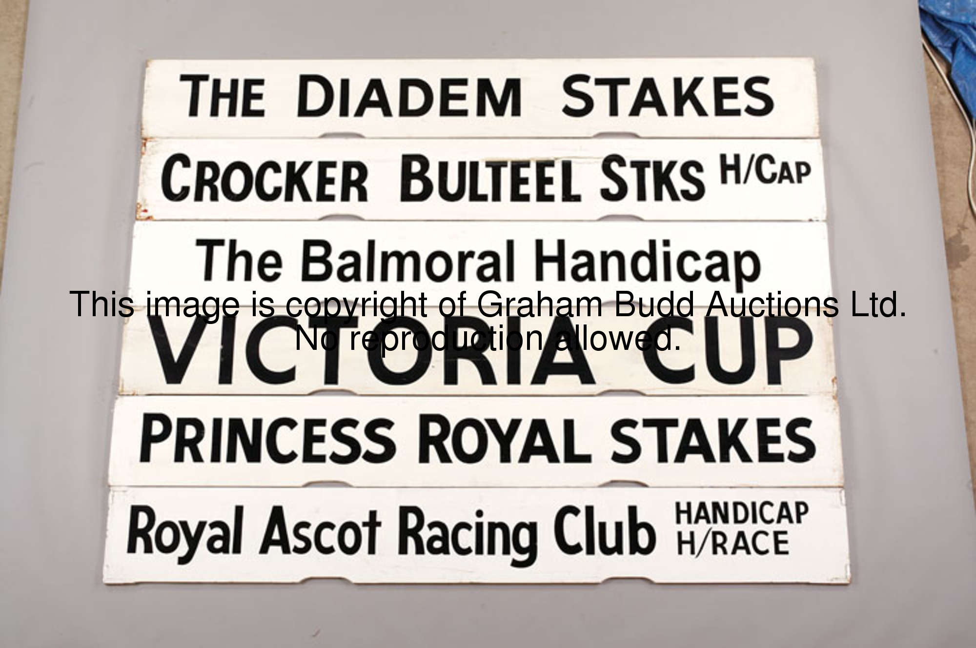 The Diadem Stakes, a white painted Spagnoletti Ascot race board with black lettering, 25.5 by 100cm....