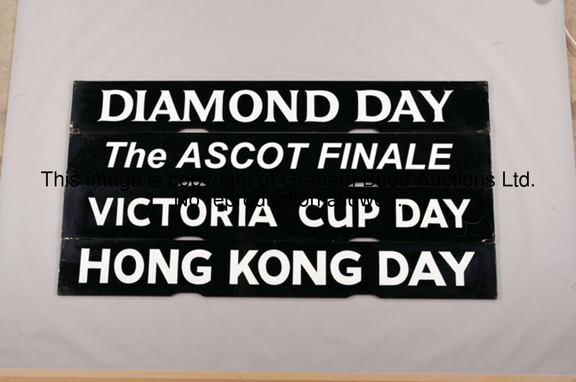 Victoria Cup Day, black painted wooden Spagnoletti raceday board with white lettering, 25.5 by 100cm...