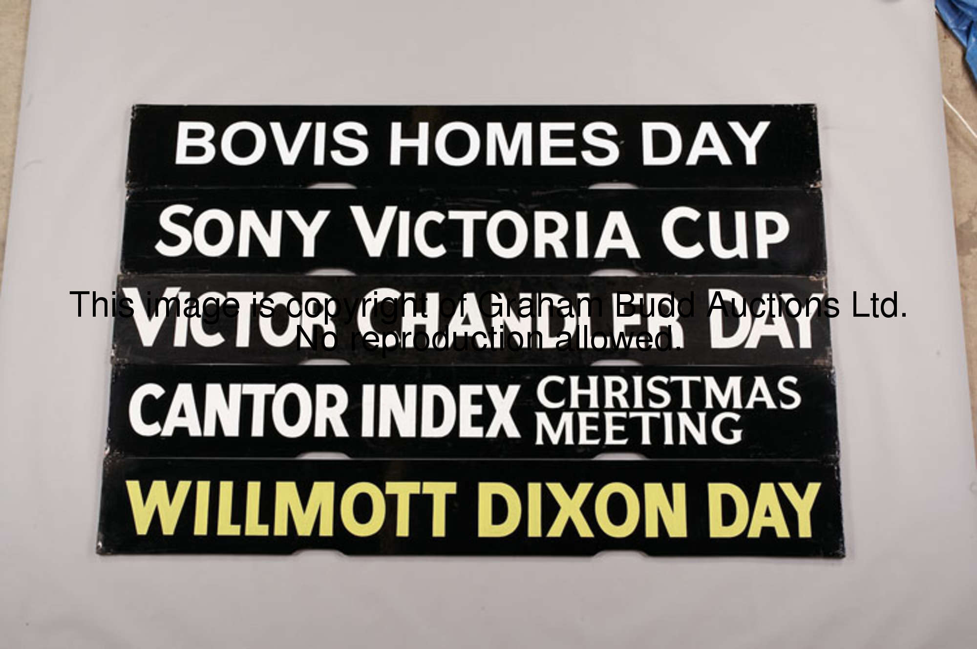 Victor Chandler Day, black painted wooden Spagnoletti sponsor's raceday board with white lettering, ...