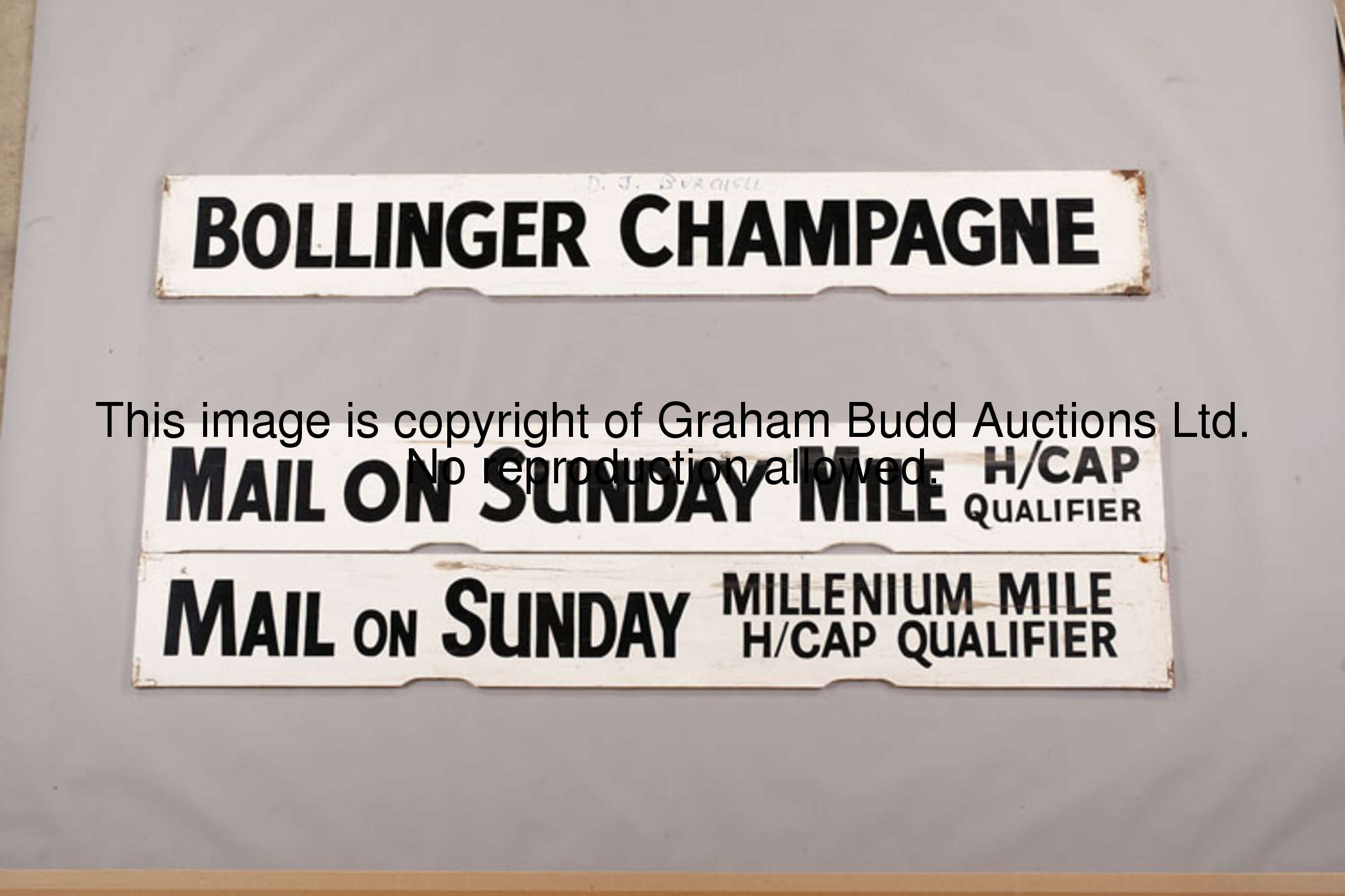 Bollinger Champagne, white painted wooden Spagnoletti sponsor's raceday board with black lettering, ...