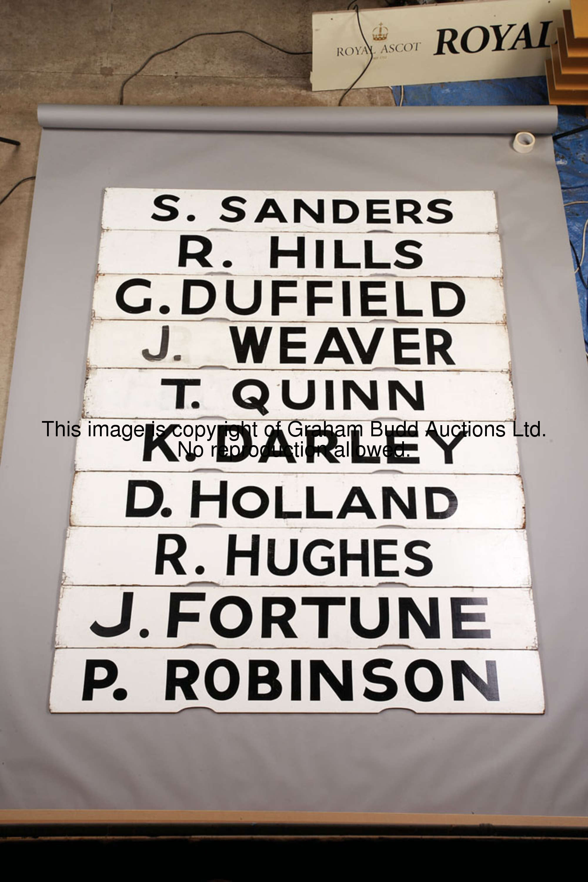 R. Hughes, white painted wooden Spagnoletti jockey board with black lettering, 25.5 by 100cm., 10 by...