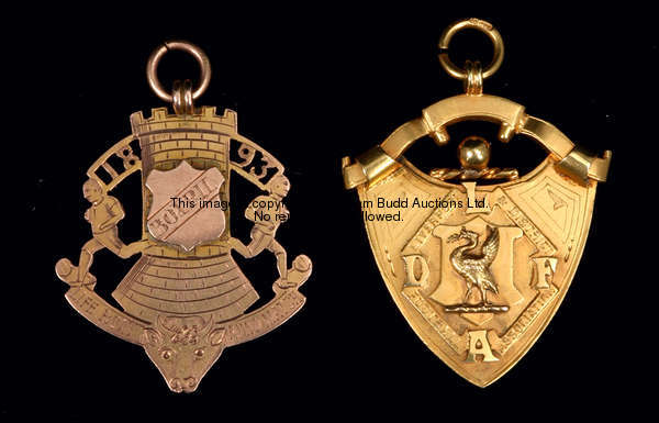 Two gold medals awarded to R Williams of Everton in 1893, a 15ct. gold medal inscribed L. & D.F.A., ...