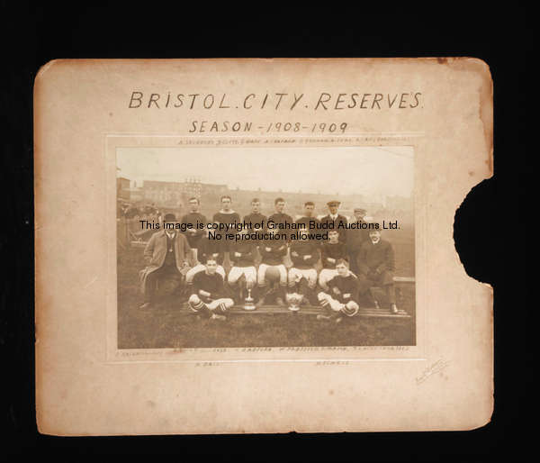 A period b&w team-group photograph of the 1908-09 Bristol City reserves team, published by Lewis R. ...