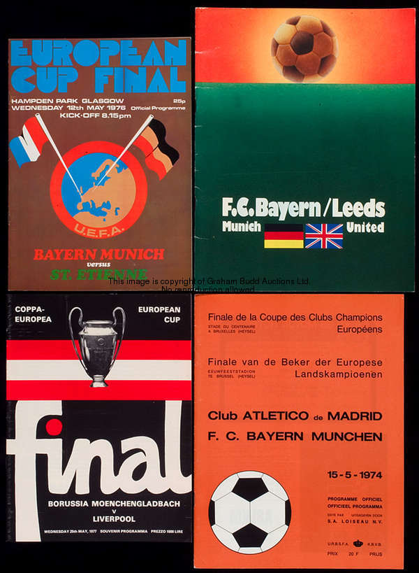 European Cup final programmes, for: 1974 Bayern Munich v Atletico Madrid, 1975 Bayern Munich v Leeds...