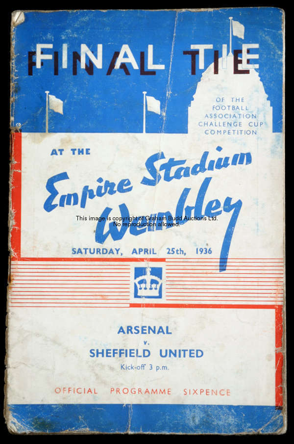 F.A. Cup final programme Arsenal v Sheffield United 25th April 1936, heavy vertical fold, creases & ...