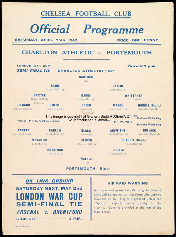 Charlton Athletic v Portsmouth 1942 London War Cup semi-final programme, played at Stamford Bridge, ...