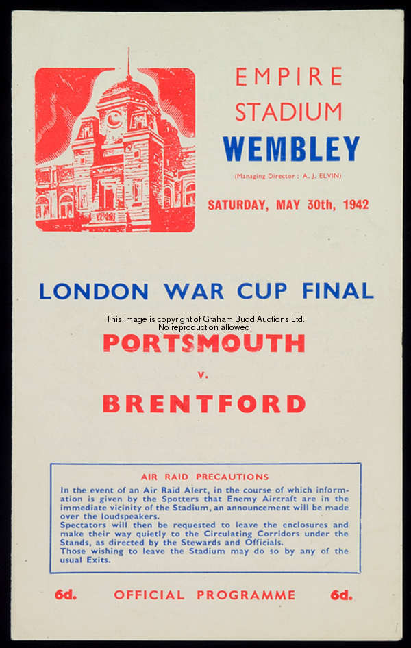 Portsmouth v Brentford 1942 London War Cup final programme, played at Wembley, 30th May 1942 