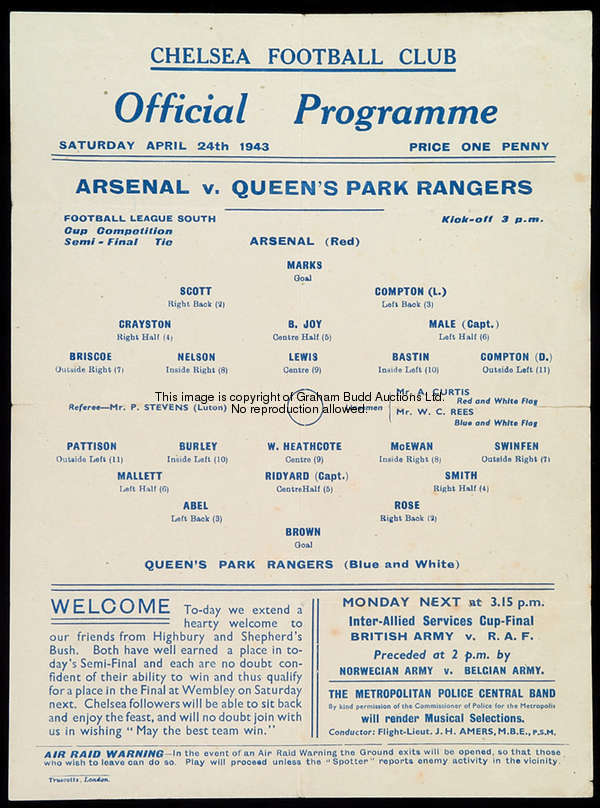 Arsenal v Queen's Park Rangers 1943 Football League (South) War Cup semi-final programme, played at ...