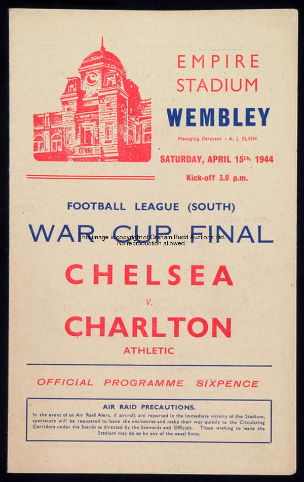 Chelsea v Charlton Athletic 1944 Football League (South) War Cup final programme, played at Wembley,...