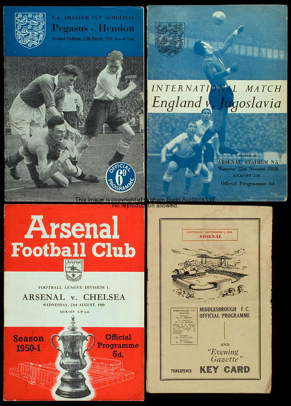 50 Arsenal programmes season 1950-51, all home & away League, all F.A. Cup games, England v Yugoslav...