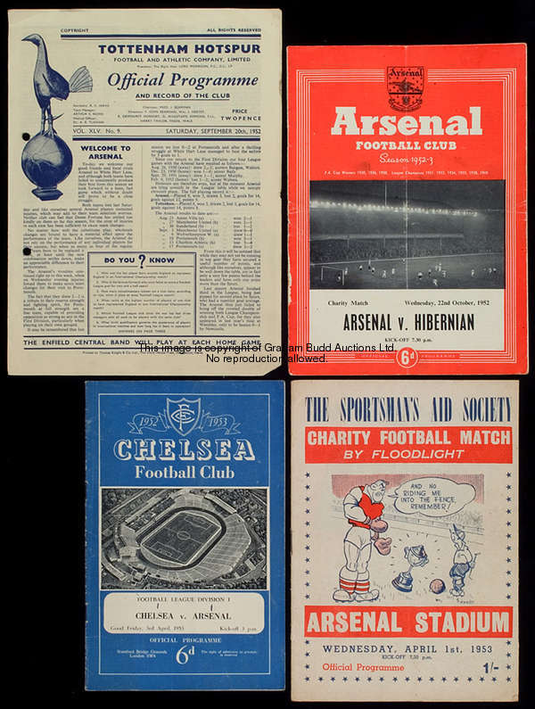 51 Arsenal programmes season 1952-53, all home & away League, all F.A. Cup games, home friendlies v ...