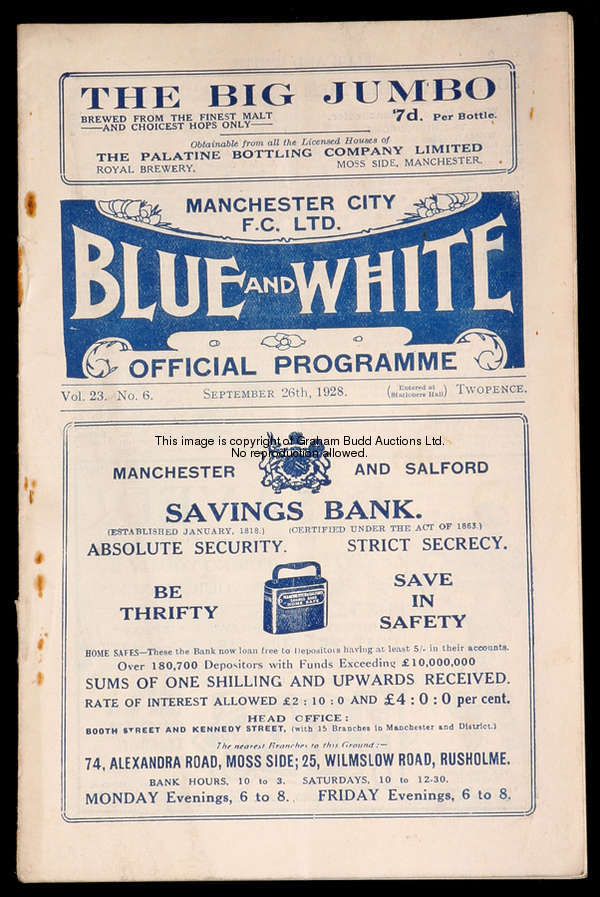 Five pre-war Manchester City home programmes, an Easter 1938 triple-issue covering Bolton Wanderers,...
