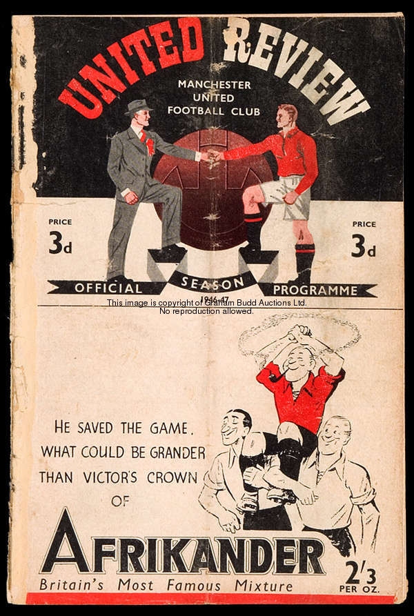 Manchester United v Grimsby Town programme 31st August 1946, issue 1, sellotape repair to back cover...