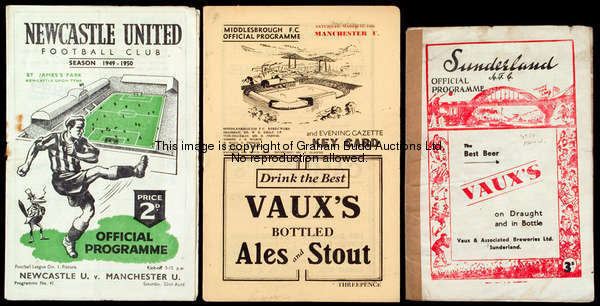 Three Manchester United away programmes from season 1949-50, Sunderland 18th February, taped spine, ...